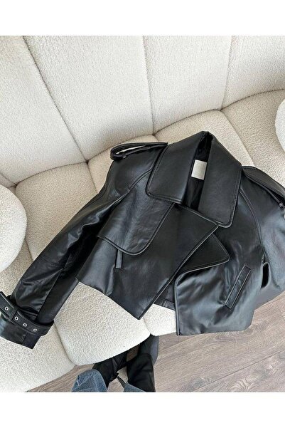 nekcollection γυναικείο δερμάτινο μπουφάν με μαύρη επένδυση