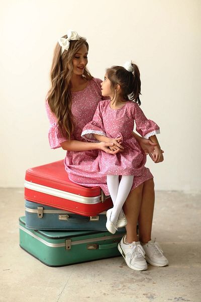 KÜÇÜĞÜM BUTİK Pink Poplin Gathered Waist Mother and Daughter Combination (MOTHER AND KIDS BE ADDED IN SEPARATE BASKET)
