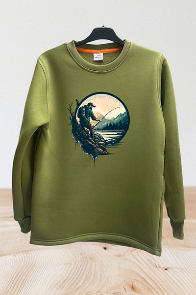 WİDİ Φούτερ Fishing Go Fishing With Fishhook Printed Regular Fit 100% βαμβακερό φούτερ με λαιμόκοψη