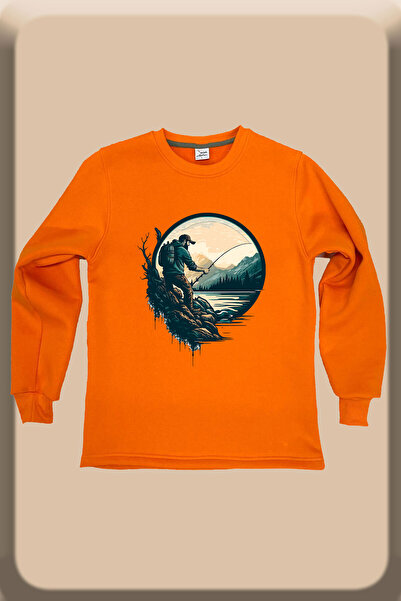 WİDİ Риболовля Риболовля на вудку З принтом Regular Fit 100% бавовна Велосипедний комір Помаранчевий Світшот