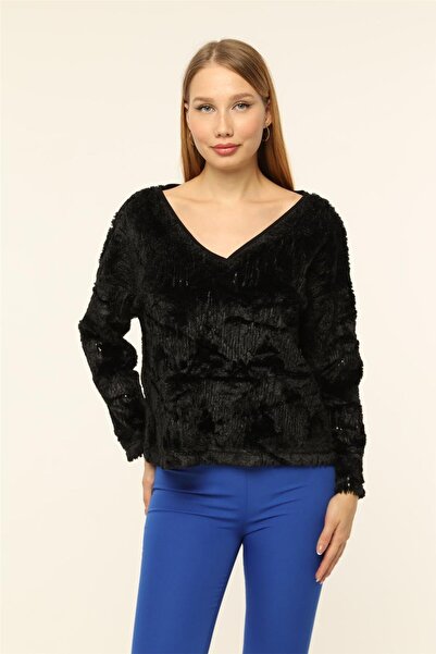 HomeStore Peluş Payetli V Yaka Bluz