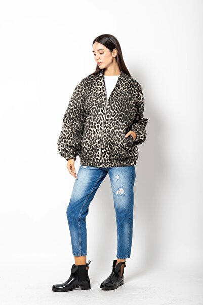 Bak Moda Кафяво ватирано яке с леопардов шарен цип