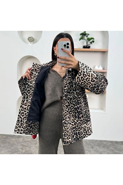 SEMİNEN Kadın Bej Siyah Leopar Desenli Cepli Kapitone Mont