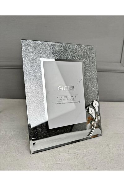 PEKİBU 10X15 cm Glittered Flower Patterned Silver Bag - Mirrored