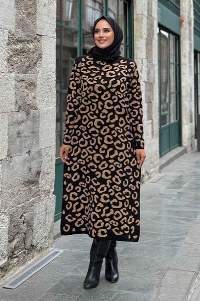 Bym Fashion Πλεκτό φόρεμα Leopard Pattern 18193 Black-Tan