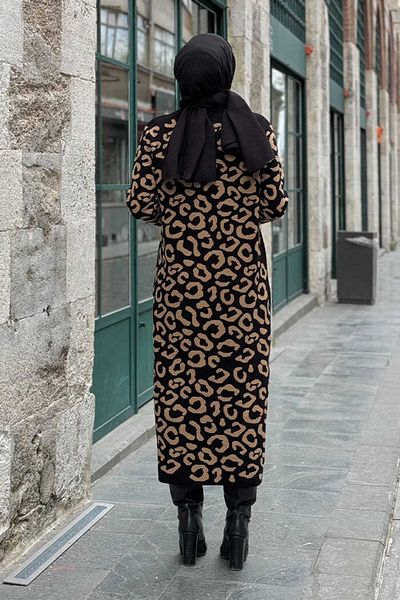 Bym Fashion Πλεκτό φόρεμα Leopard Pattern 18193 Black-Tan
