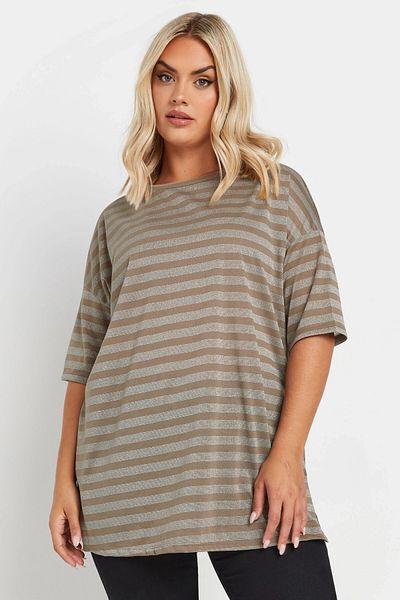 Stil Diva Large Size Crew Neck Short Sleeve Striped Side Slits T-Shirt 303612
