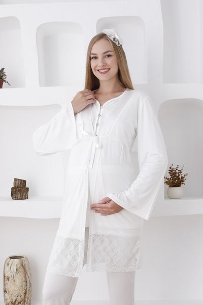 ERDENİZ TEKSTİL Pregnant/Puerperal Button Pajamas and Dressing Gowns Set - Autumn and Winter Season Slippers and Crown Gift