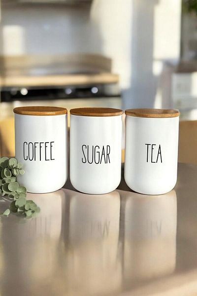 İLİVA 3-Piece Vacuum Bamboo Lid White Jar Set Spice Tea Salt Sugar Coffee Jar