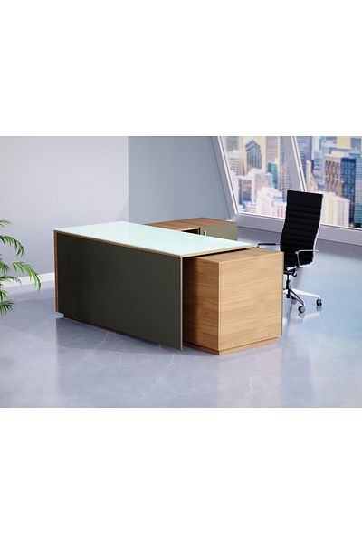 Mahmayi Natural Dijon Walnut and Grey GED-3 Glass Executive Desk 180 cm