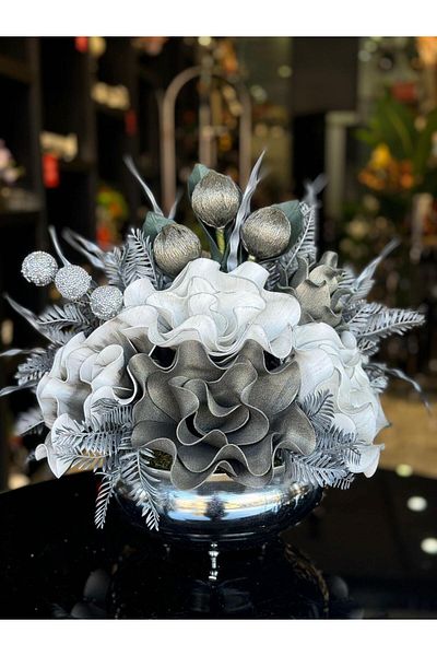 TASARIMHMODA Vază plată argintie cu aranjament de flori artificiale Nr.:30