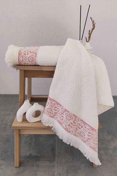 Sevim Pachet de 2 prosoape pentru mâini/față cu margini și ciucuri în relief - Absorbție mare de apă - 50x85 cm - Coral