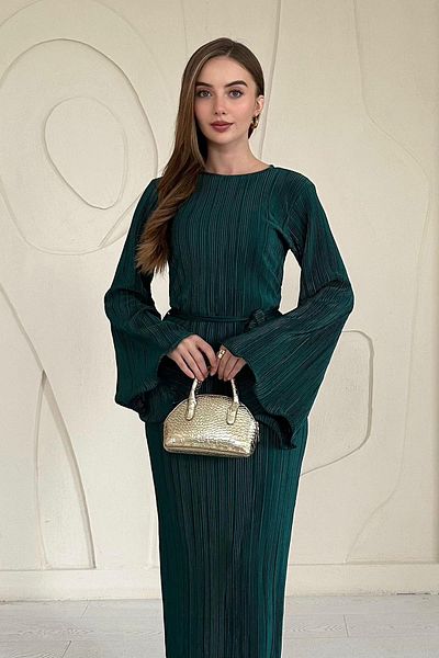 Elbee Fashion Woman Rochie plisată cu mâneci spaniole - Smarald
