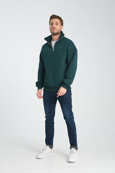 Store Πράσινο Unisex Oversize Βαμβακερό Fleece Μάλλινο Σαλιάρα με Κολάρα - Μισό φερμουάρ