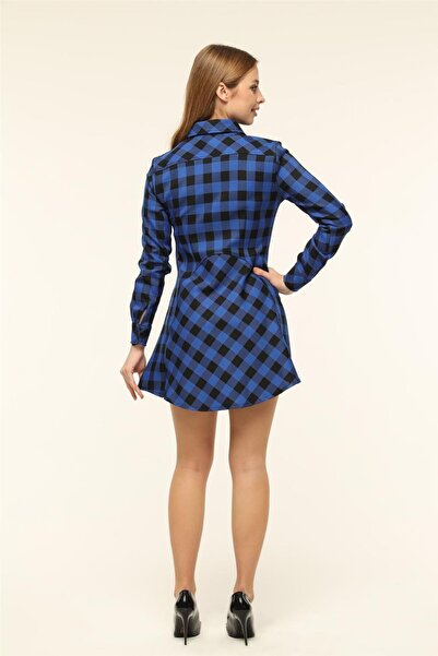 HomeStore Elbise Ekose Gömlek Yakalı Eteği Parça Dikiş Detaylı Manşet - Sax Mavi