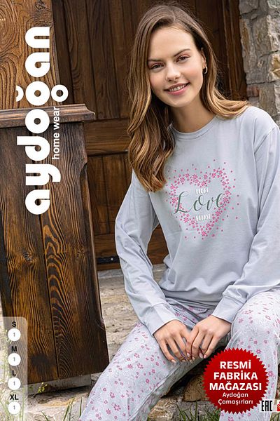 Aydoğan Set pijamale damă din bumbac gri - mânecă lungă, decolteu B2-4 - 15013 Aydogan ®