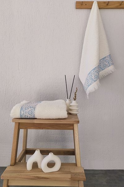 Sevim Pachet de 2 prosoape pentru mâini/față cu margini în relief - 100% bumbac și prosop pentru cap cu ciucuri - 50 x 85 cm - Albastru
