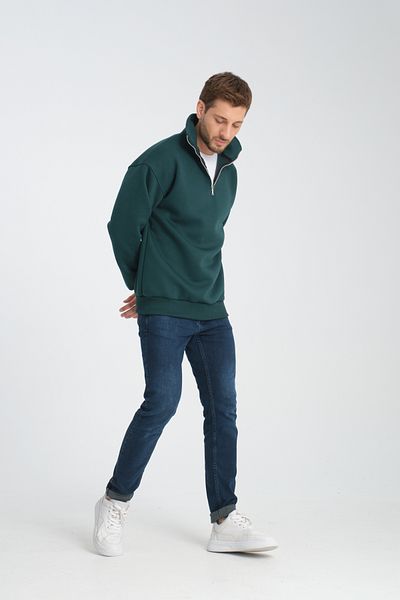 Store Πράσινο Unisex Oversize Βαμβακερό Fleece Μάλλινο Σαλιάρα με Κολάρα - Μισό φερμουάρ