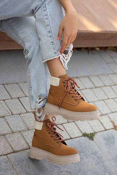 BeeTrend Mustard Suede |   Poly Air Light Sole |   Lace-Up Women's Boots |   Joe