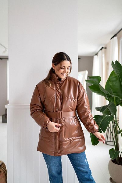 Elbee Fashion Woman Кожено пухено яке с колан