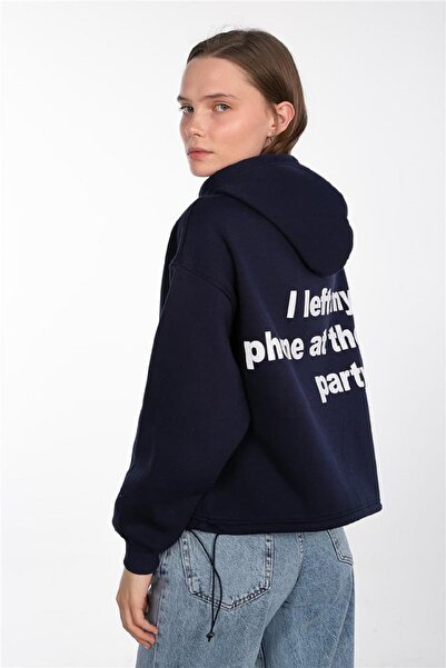 OIL PARK Kadın Lacivert 3 İplik Ayarlanabilir Belli Şardonlu Kapüşonlu Ön Arka Yazı Baskılı Sweatshirt