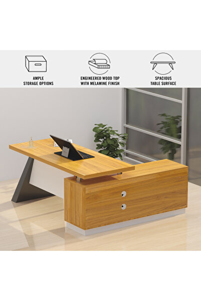 Mahmayi L-Shaped Executive Desk Office Desk With Lockable Drawers And Cabinet - Light Walnut