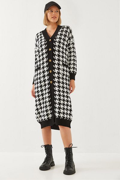 Bianco Lucci Women's Houndstooth Patterned V-Neck Long Cardigan 60651003