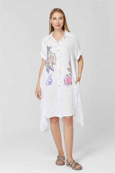 HomeStore Keten Desenli Full Düğmeli Elbise