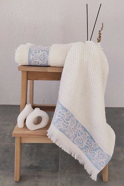 Sevim Pachet de 2 prosoape pentru mâini/față cu margini în relief - 100% bumbac și prosop pentru cap cu ciucuri - 50 x 85 cm - Albastru