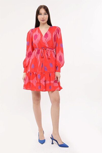 HomeStore Elbise Vatkali Yaldız Damlalı Kuşaklı Anvelop Yaka - Kırmızı