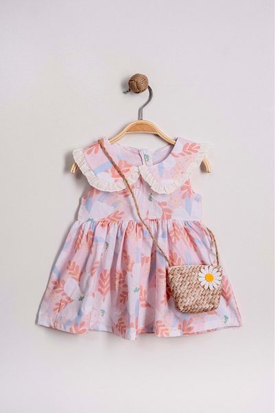 Mnk Baby&Kids Girl's Baby Collar Cotton Crispy Dress with Bag TF7311 PUDRA