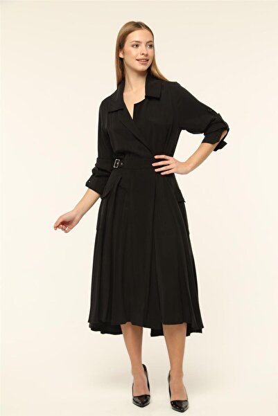 HomeStore Elbise Katlı Yaka 2 Tokalı Kemerli Eteği Anvelop 2 Düğmeli C - Siyah