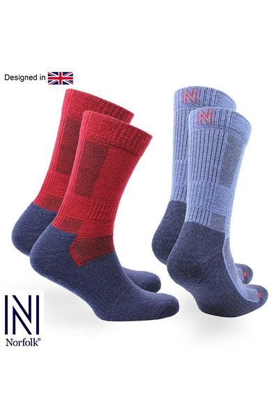 NORFOLK Leonardo Merino Outdoor - Pack of 2 Red Navy Blue Socks for Hiking