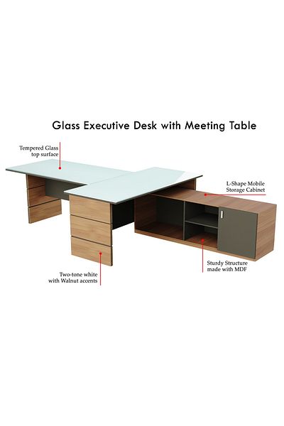 Mahmayi Natural Dijon Walnut + Grey GED-5 Glass Executive Desk 320 cm
