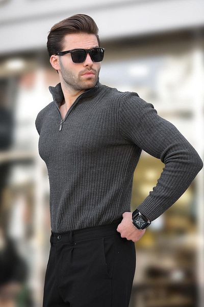 Madmext Anthracite Polo Collar Zipper Detailed Long Sleeve Men's Sweater 7282
