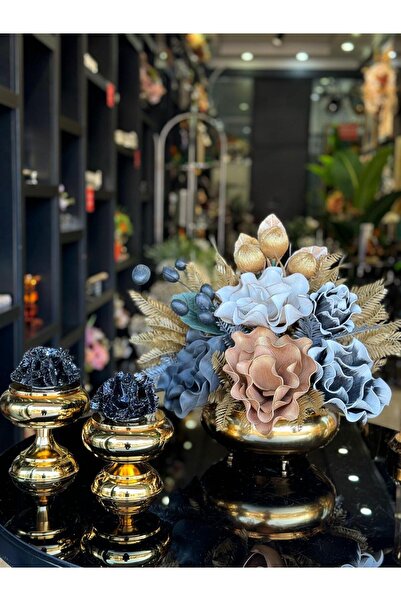 TASARIMHMODA Yapay Çiçekli Gold Yassı Vazo 3 Parça Set No:6