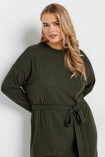 Stil Diva Plus Size Belted Straight Cut Ribbed Long Sleeve Unlined Midi Dress 322196