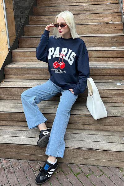 Madmext Navy Blue Crew Neck Basic Sweatshirt Mg2233