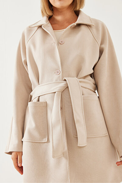 Bianco Lucci Kadın Çizgili Astar Detay Kuşaklı Süet Trençkot 2601 60351118