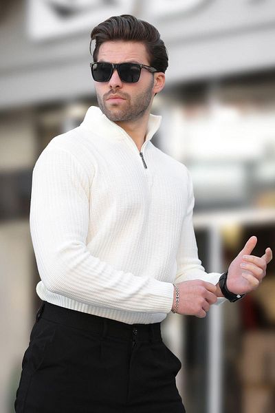 Madmext Ecru Polo Collar Zipper Detailed Long Sleeve Men's Sweater 7282