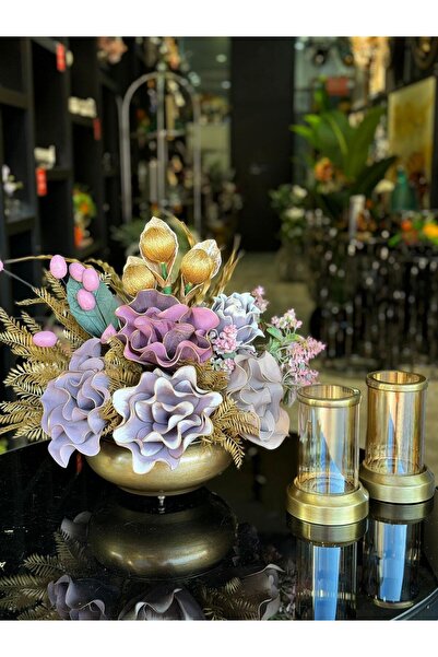 TASARIMHMODA Yapay Çiçekli Antik Yassı Vazo 3 Parça Set No:9