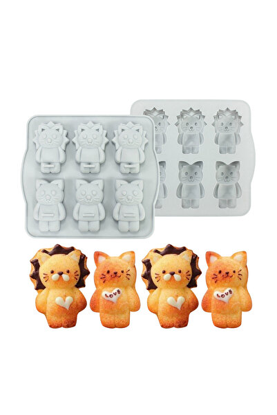 Eminonutoptanci Silicone Cake Mold Chocolate Cat and Lion Mold Candy Dough Stone Powder Mold 6 Pieces