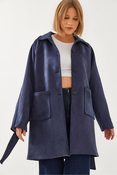 Bianco Lucci Women's Striped Lining Detail Belted Suede Trench Coat 2601 60351118