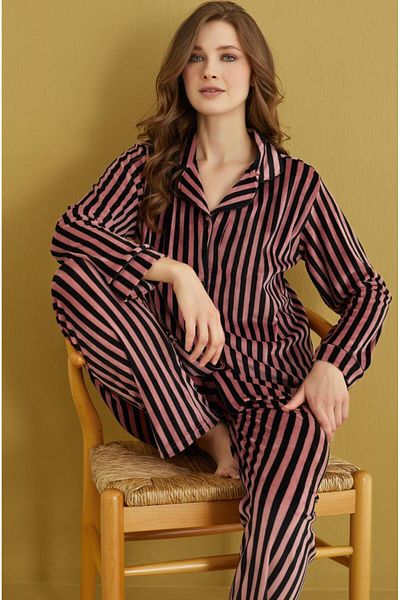 İYİBU Set de pijamale cu dungi din catifea - Cherry Rotten și Black Chic