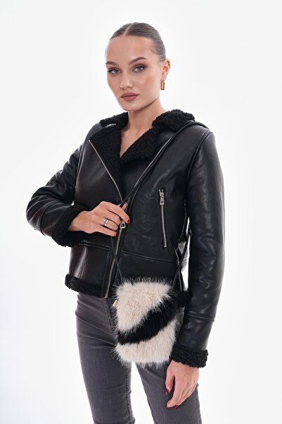 Axesoire NWC-009 Zebra Desenli Siyaha Bej Mini Peluş Çanta