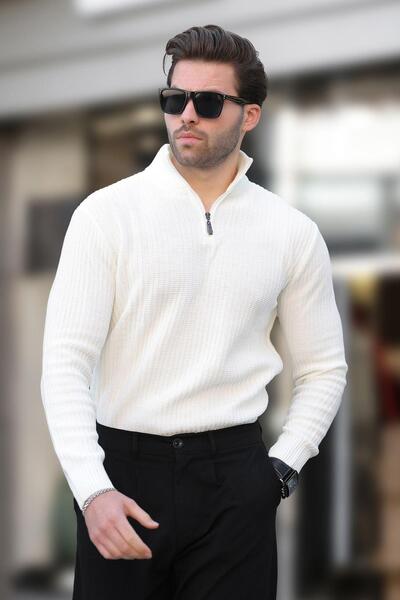 Madmext Ekru Polo Yaka  Fermuar Detaylı  Uzun Kollu Erkek Kazak 7282