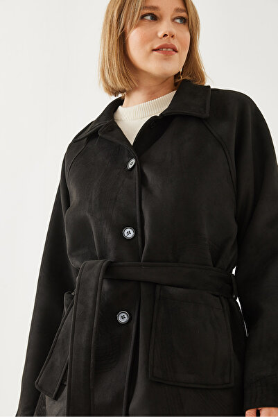 Bianco Lucci Kadın Çizgili Astar Detay Kuşaklı Süet Trençkot 2601 60351118