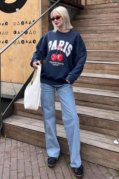 Madmext Lacivert Bisiklet Yaka Basic Sweatshirt MG2233