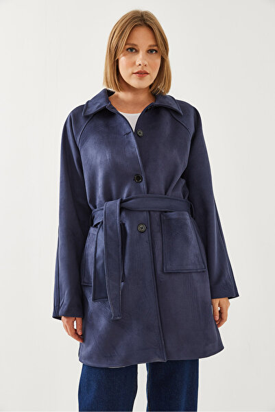 Bianco Lucci Kadın Çizgili Astar Detay Kuşaklı Süet Trençkot 2601 60351118