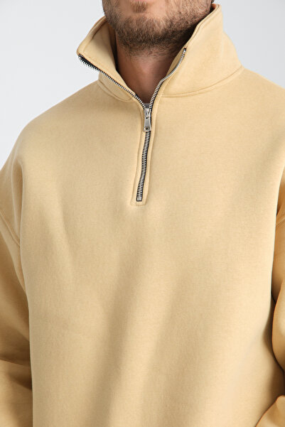 Store Ανδρικό φούτερ με μισό φερμουάρ, με γιακά, από μαλλί βιζόν, με επένδυση από βαμβάκι και φλις, oversized ΒΑΜΒΑΚΙ